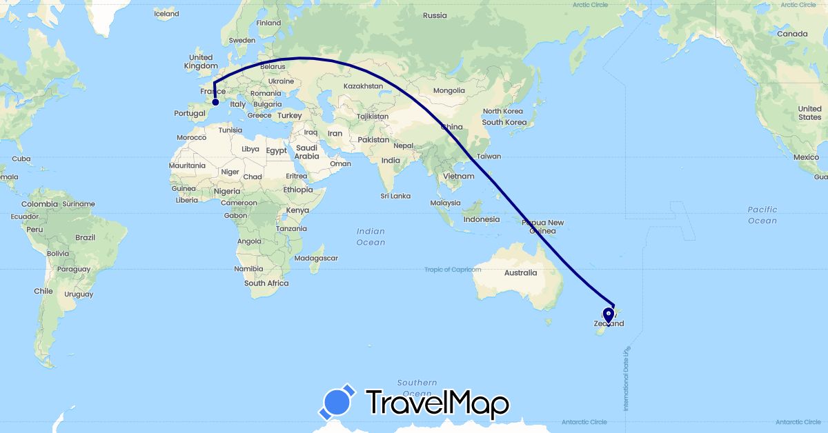 TravelMap itinerary: driving in China, France, New Zealand (Asia, Europe, Oceania)